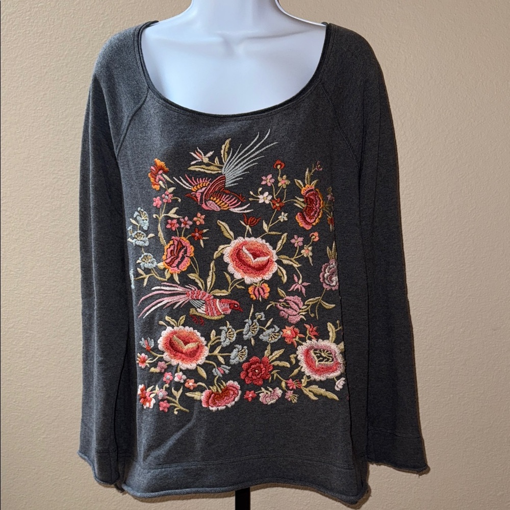 Johnny Was Brielle Gray Floral Embroidered Scoop Neck Sweatshirt Size L